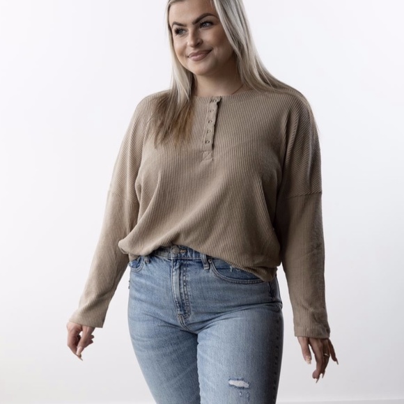 Pink Ribbed Drop Shoulder Henley Knit Top main image 1